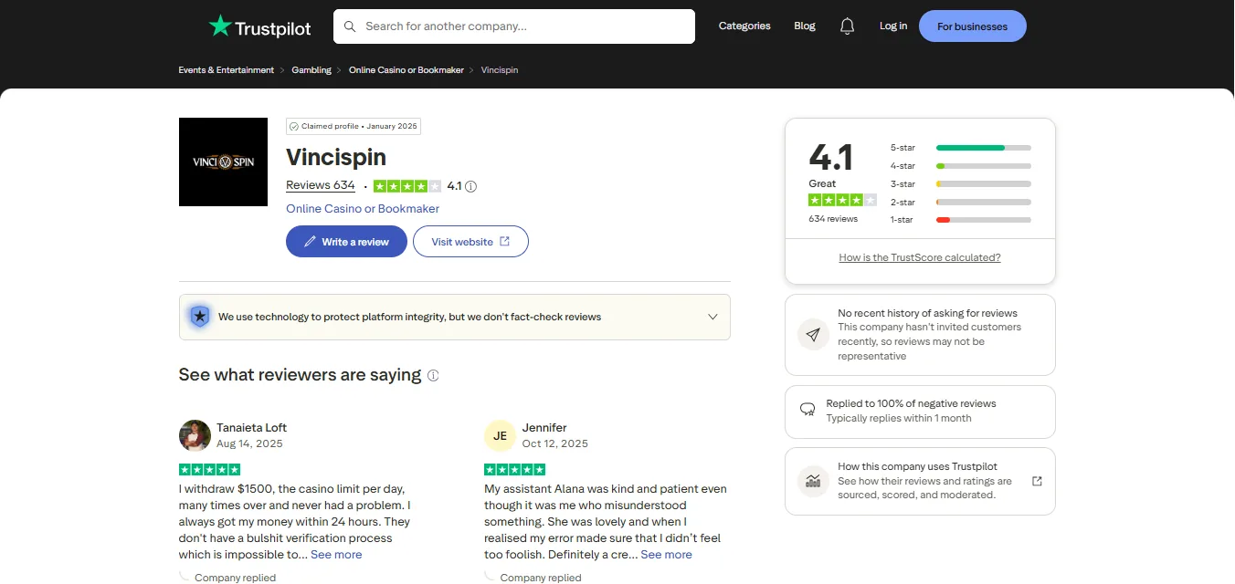 Screenshot of VinciSpin's Trustpilot rating overview