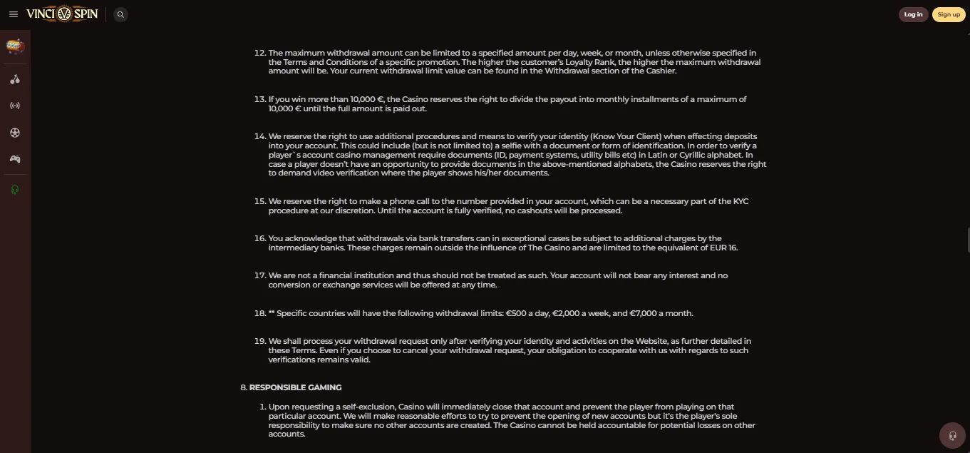 Screenshot of VinciSpin's withdrawal section and limits