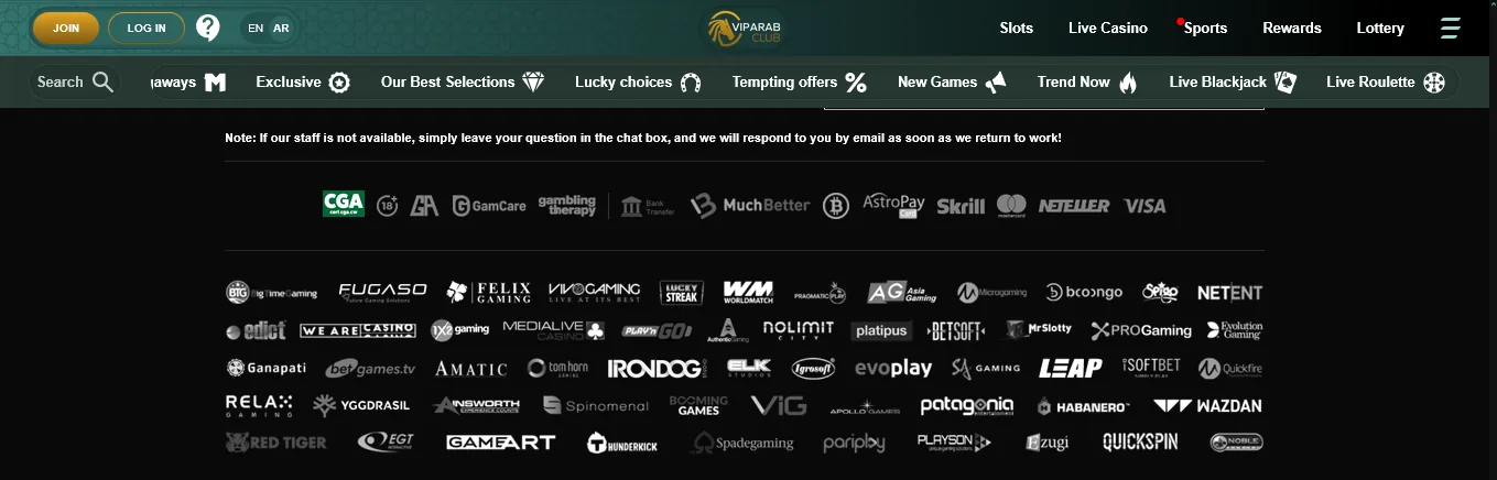 Screenshot of VIPArabClub's cashier and payment methods