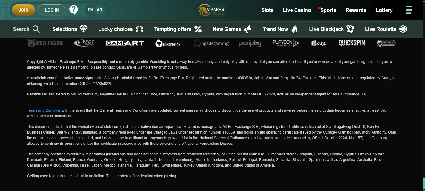 Screenshot of VIPArabClub's footer licence and regulator details