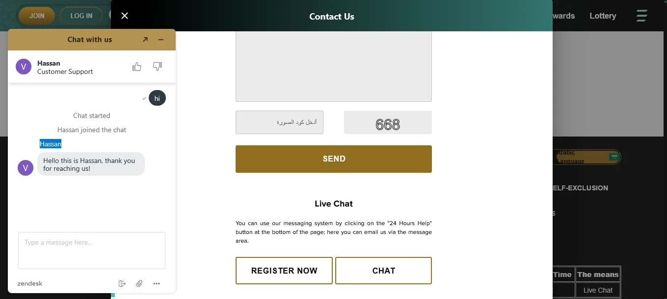 Screenshot of VIPArabClub's live chat support window