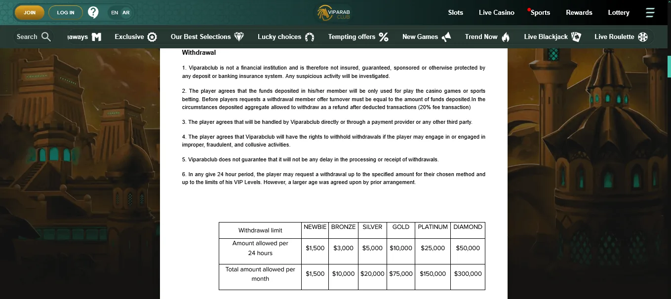 Screenshot of VIPArabClub's withdrawal section and limits