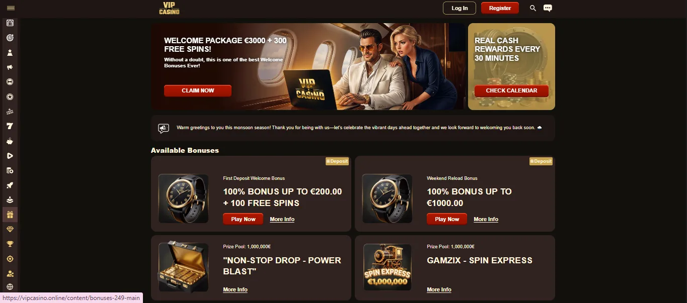 Screenshot of VIP Casino's welcome bonus offer