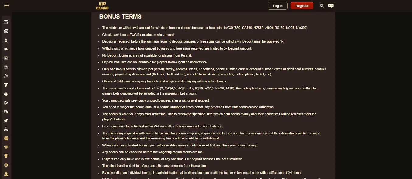 Screenshot of VIP Casino's bonus terms and wagering requirements