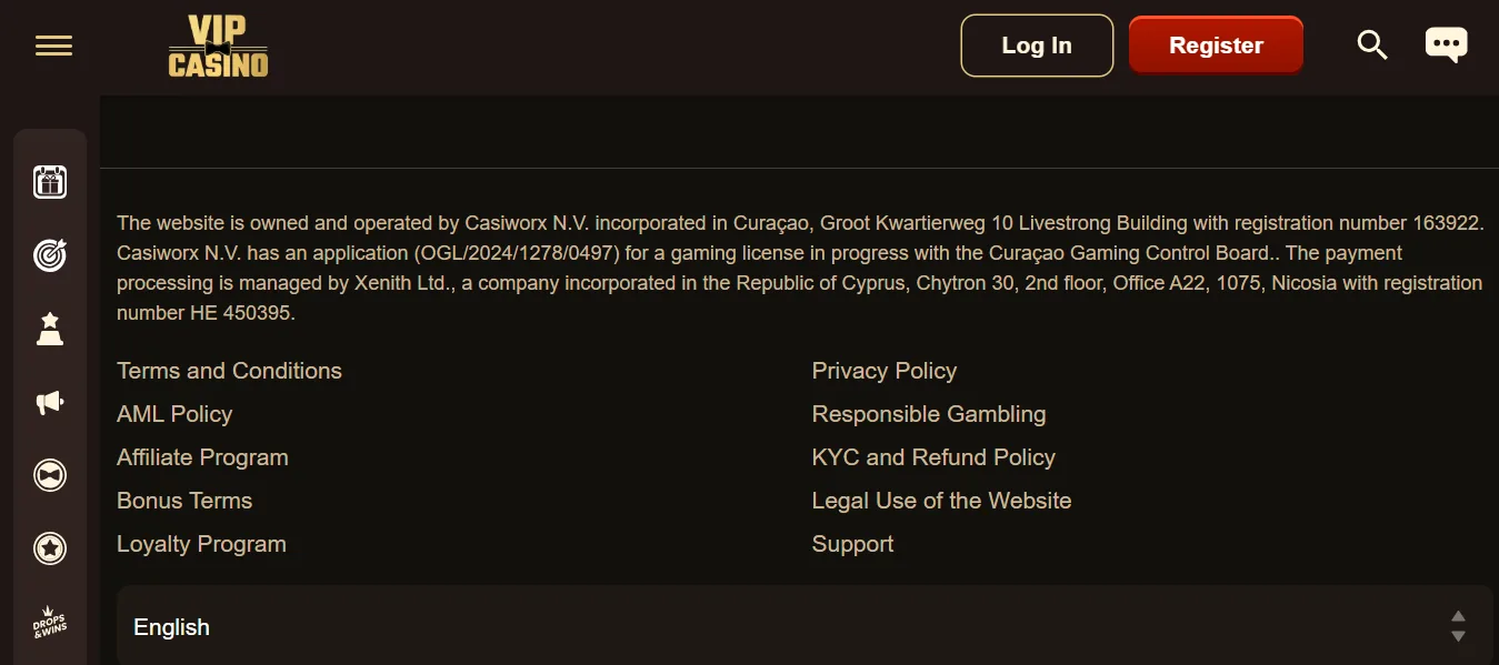 Screenshot of VIP Casino's footer licence and regulator details