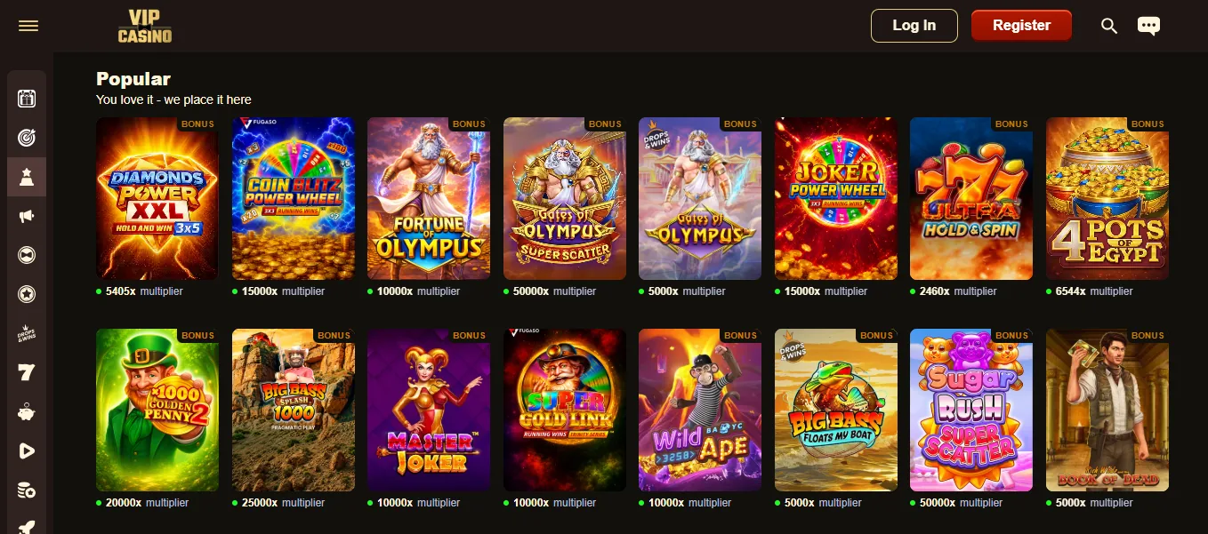 Screenshot of VIP Casino's games lobby