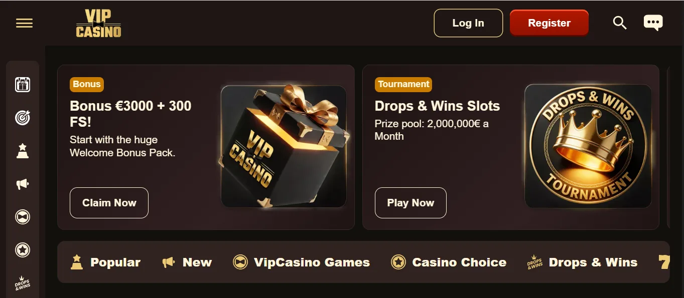 Screenshot of VIP Casino's homepage