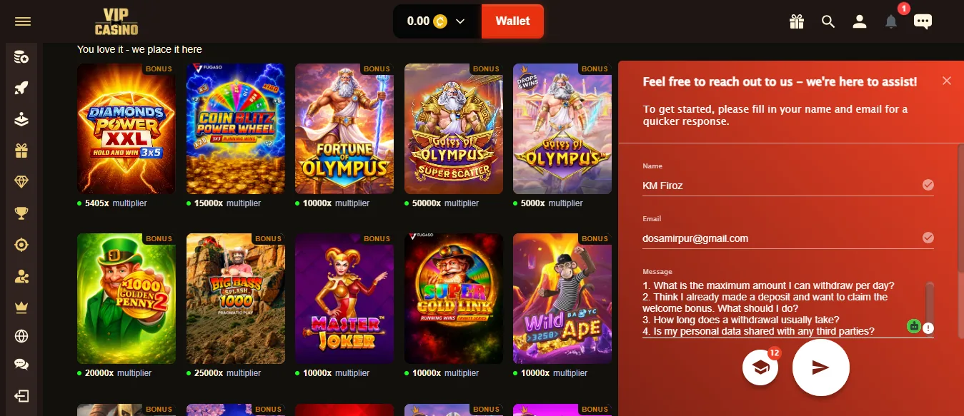 Screenshot of VIP Casino's live chat support window