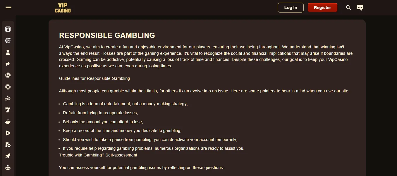 Screenshot of VIP Casino's responsible-gambling tools