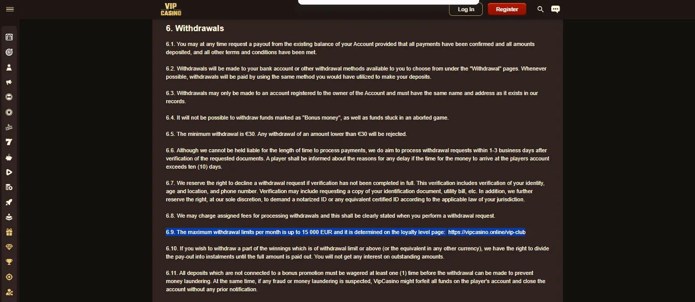 Screenshot of VIP Casino's withdrawal section and limits