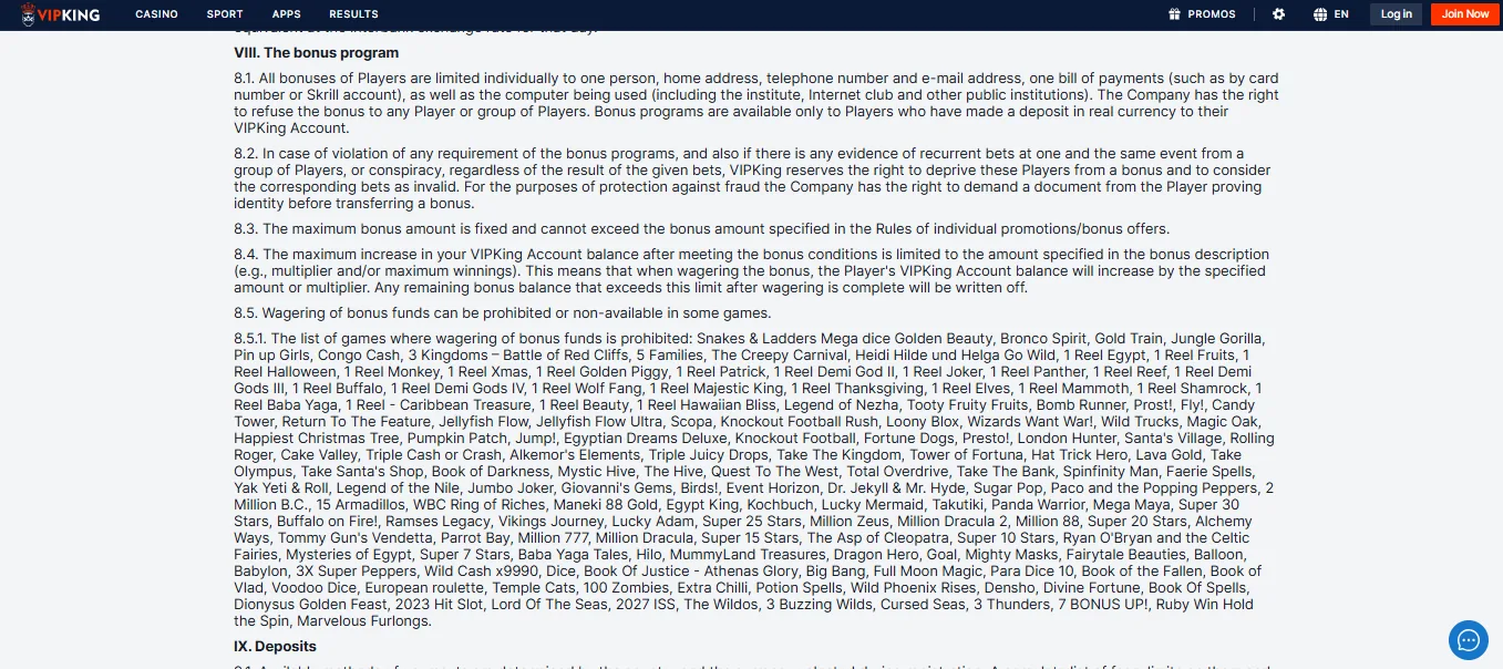 Screenshot of VIPKing's bonus terms and wagering requirements