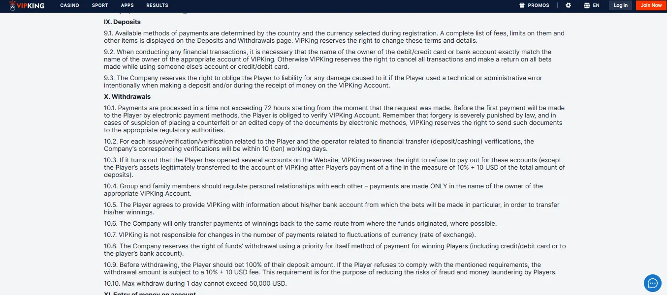 Screenshot of VIPKing's cashier and payment methods