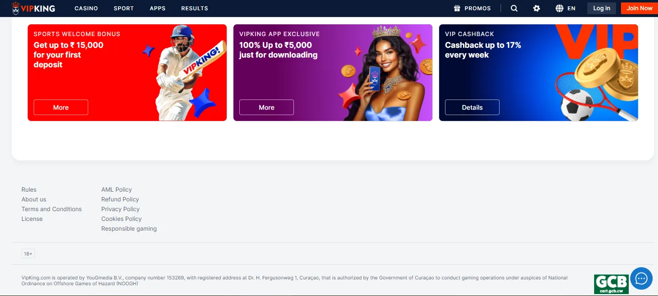 Screenshot of VIPKing's footer licence and regulator details