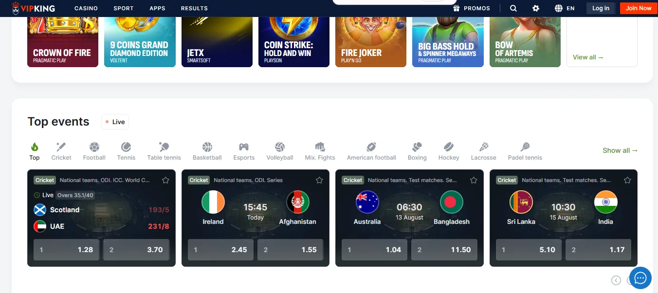 Screenshot of VIPKing's homepage