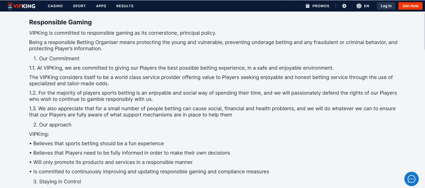 Screenshot of VIPKing's responsible-gambling tools