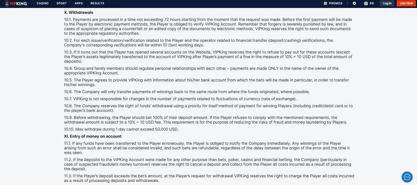Screenshot of VIPKing's withdrawal section and limits