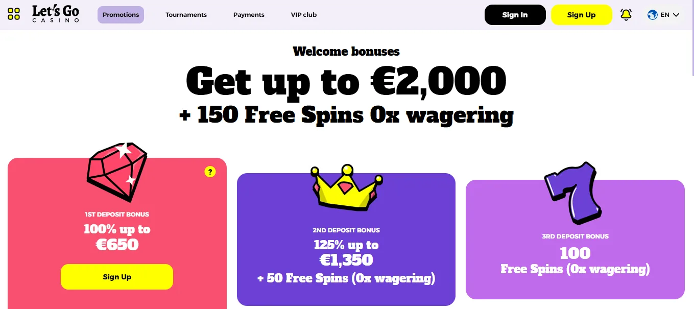 Screenshot of Let’s Go Casino's welcome bonus offer