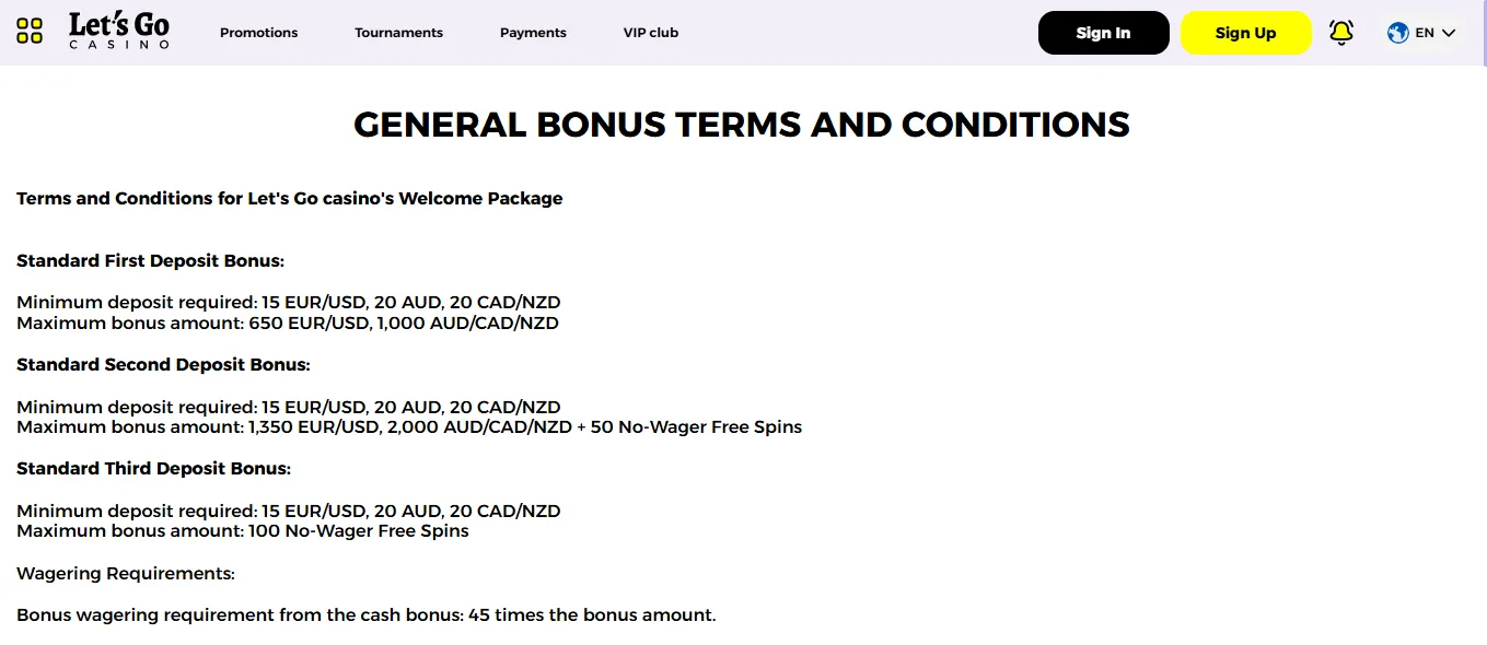 Screenshot of Let’s Go Casino's bonus terms and wagering requirements