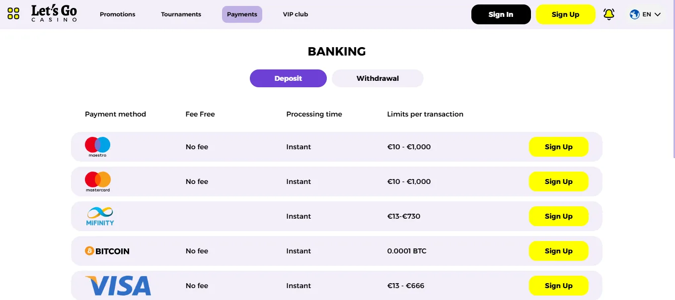 Screenshot of Let’s Go Casino's cashier and payment methods