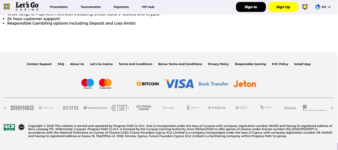 Screenshot of Let’s Go Casino's footer licence and regulator details