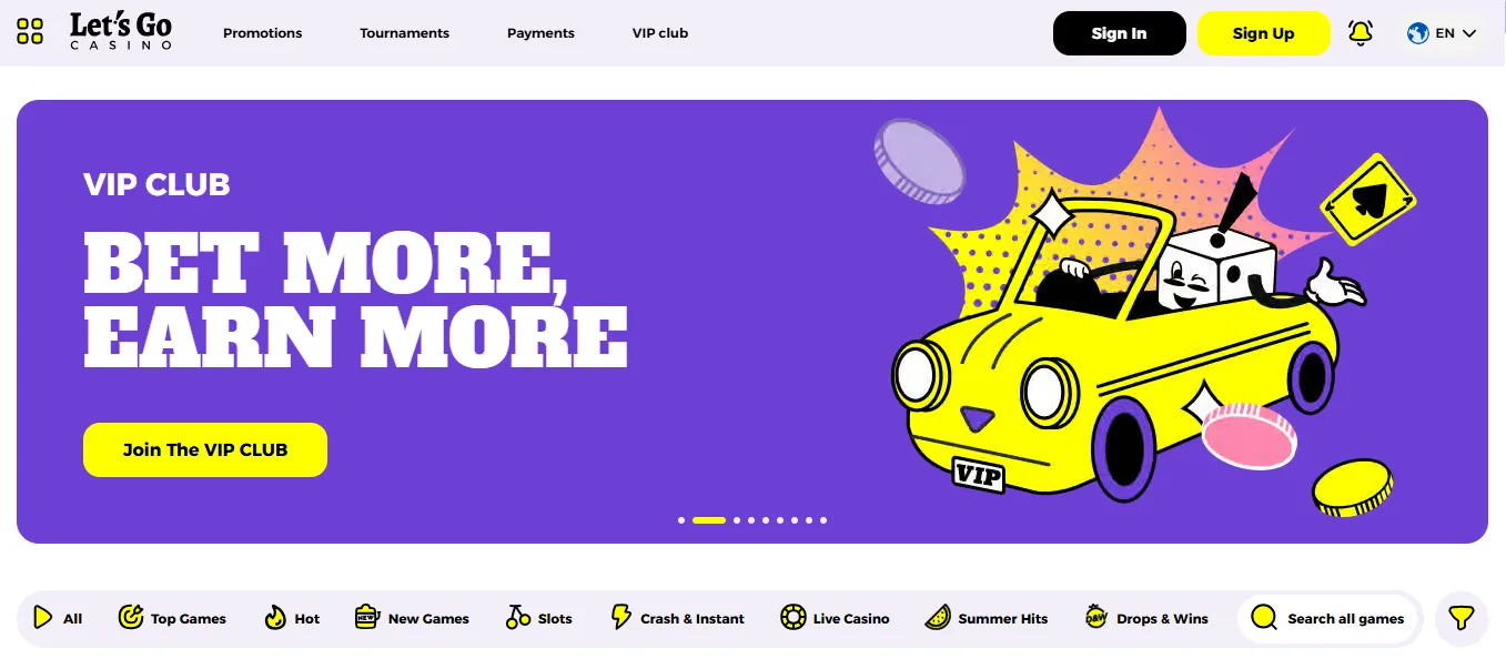 Screenshot of Let’s Go Casino's homepage