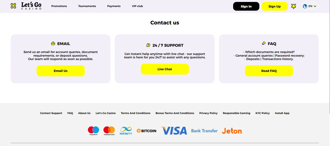 Screenshot of Let’s Go Casino's live chat support window