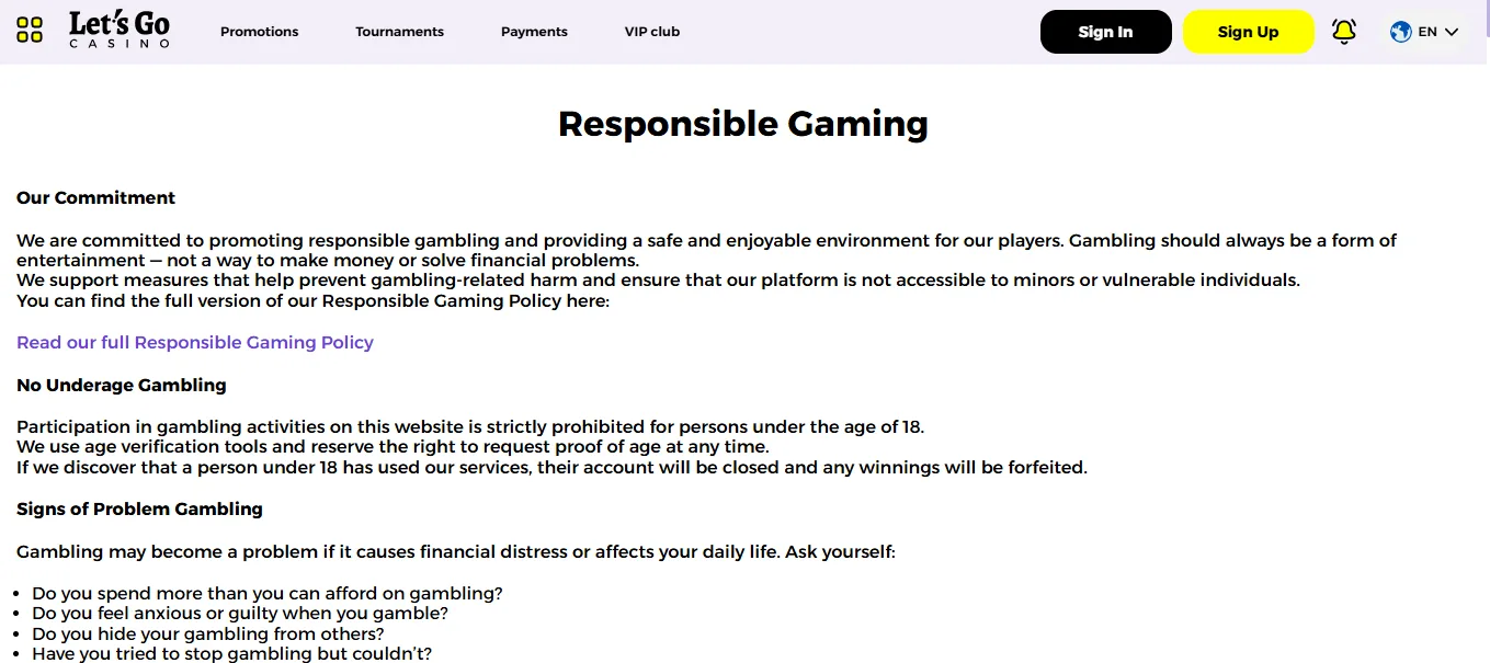 Screenshot of Let’s Go Casino's responsible-gambling tools