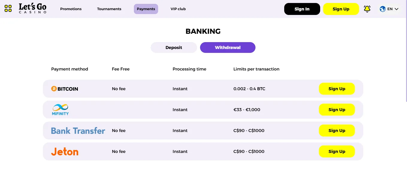 Screenshot of Let’s Go Casino's withdrawal section and limits