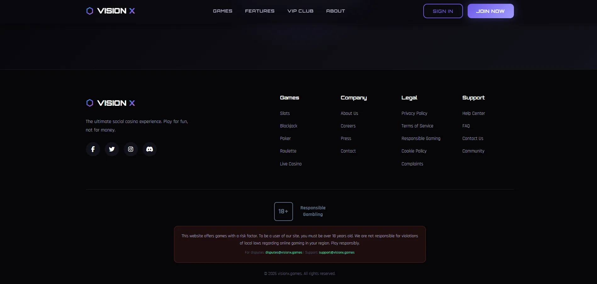 Screenshot of Visionx Games's footer licence and regulator details