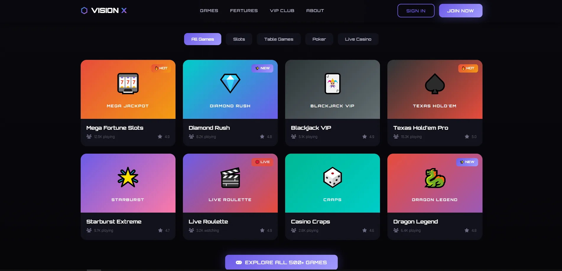 Screenshot of Visionx Games's games lobby