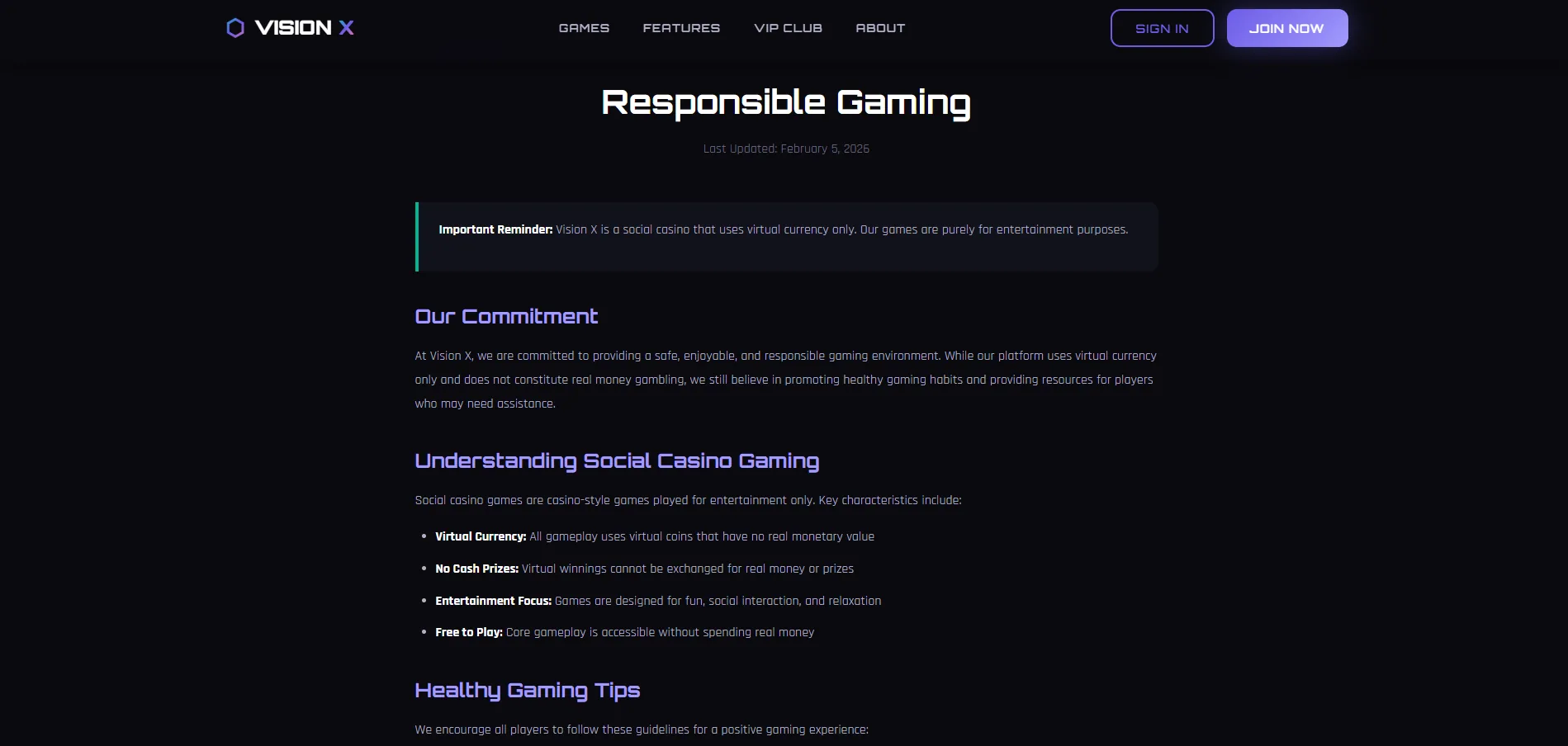 Screenshot of Visionx Games's responsible-gambling tools