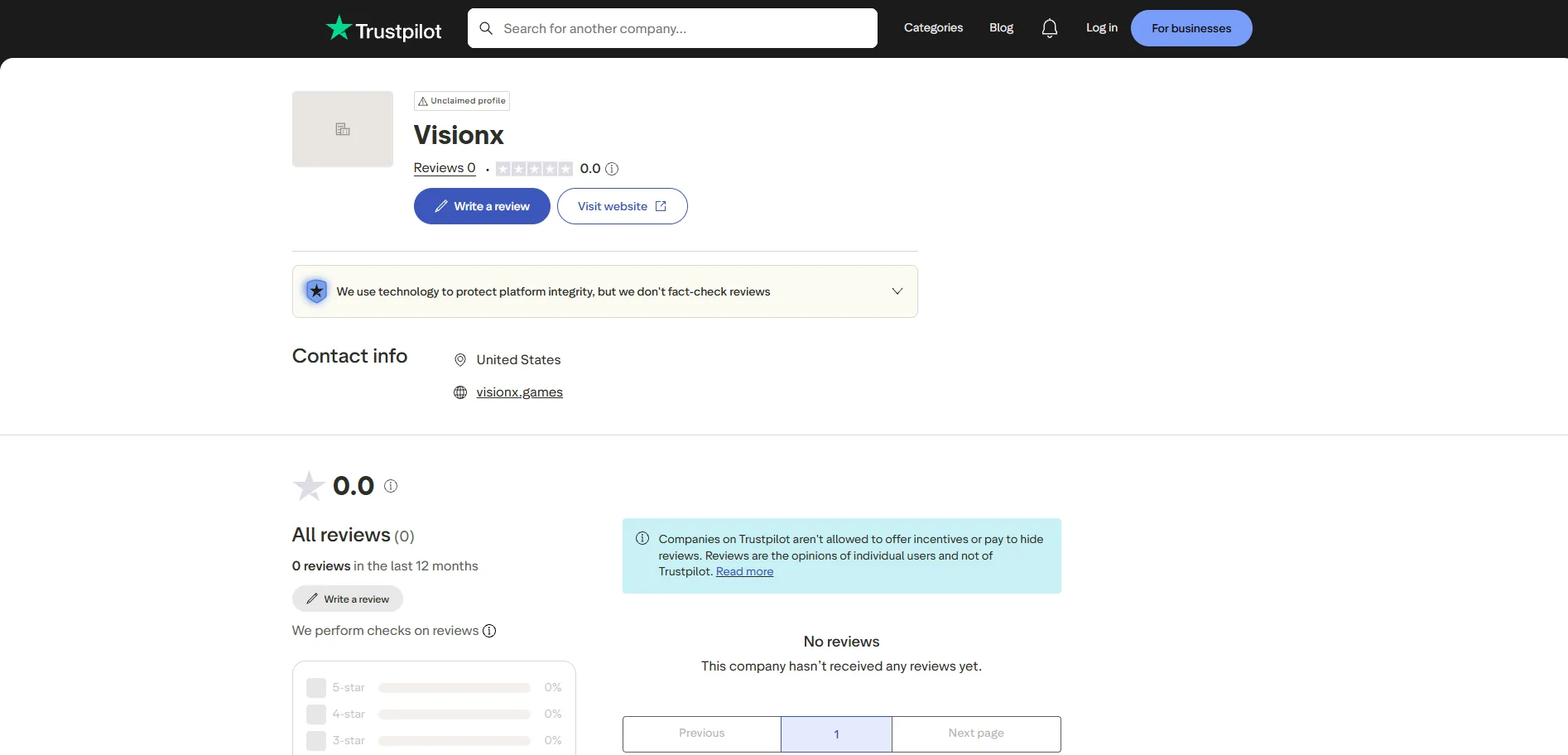 Screenshot of Visionx Games's Trustpilot rating overview