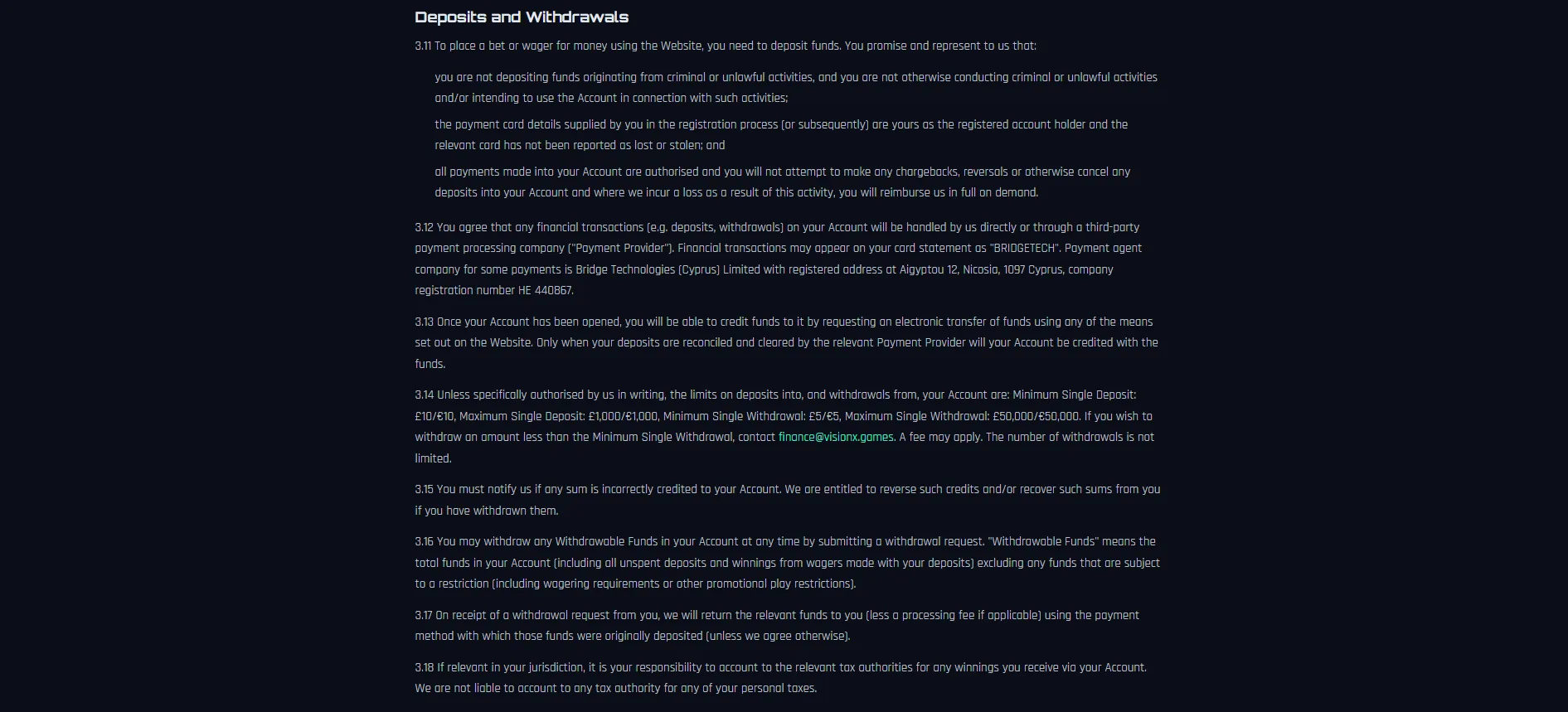 Screenshot of Visionx Games's withdrawal section and limits