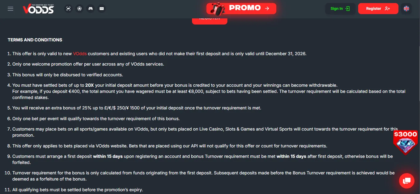 Screenshot of Vodds's bonus terms and wagering requirements