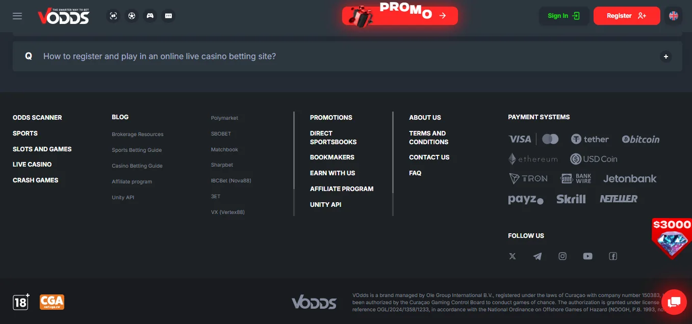 Screenshot of Vodds's footer licence and regulator details
