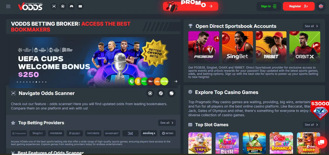 Screenshot of Vodds's homepage