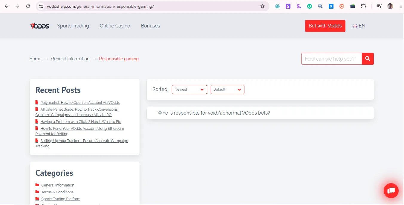 Screenshot of Vodds's responsible-gambling tools