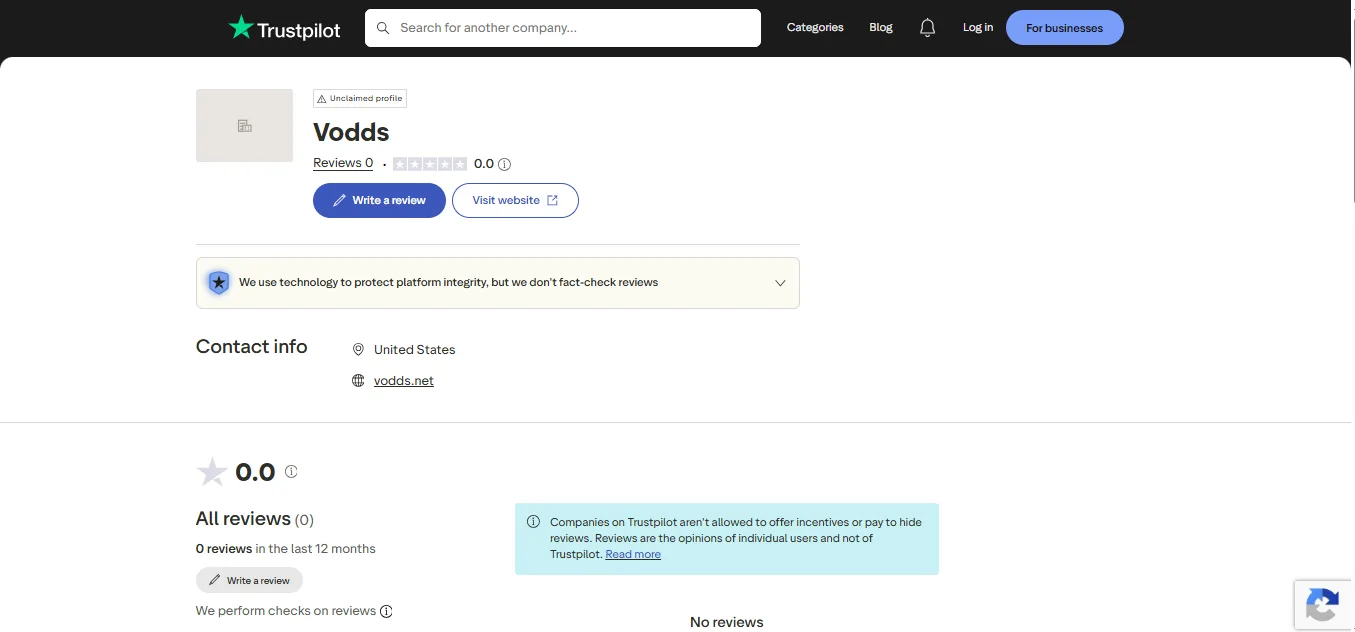 Screenshot of Vodds's Trustpilot rating overview