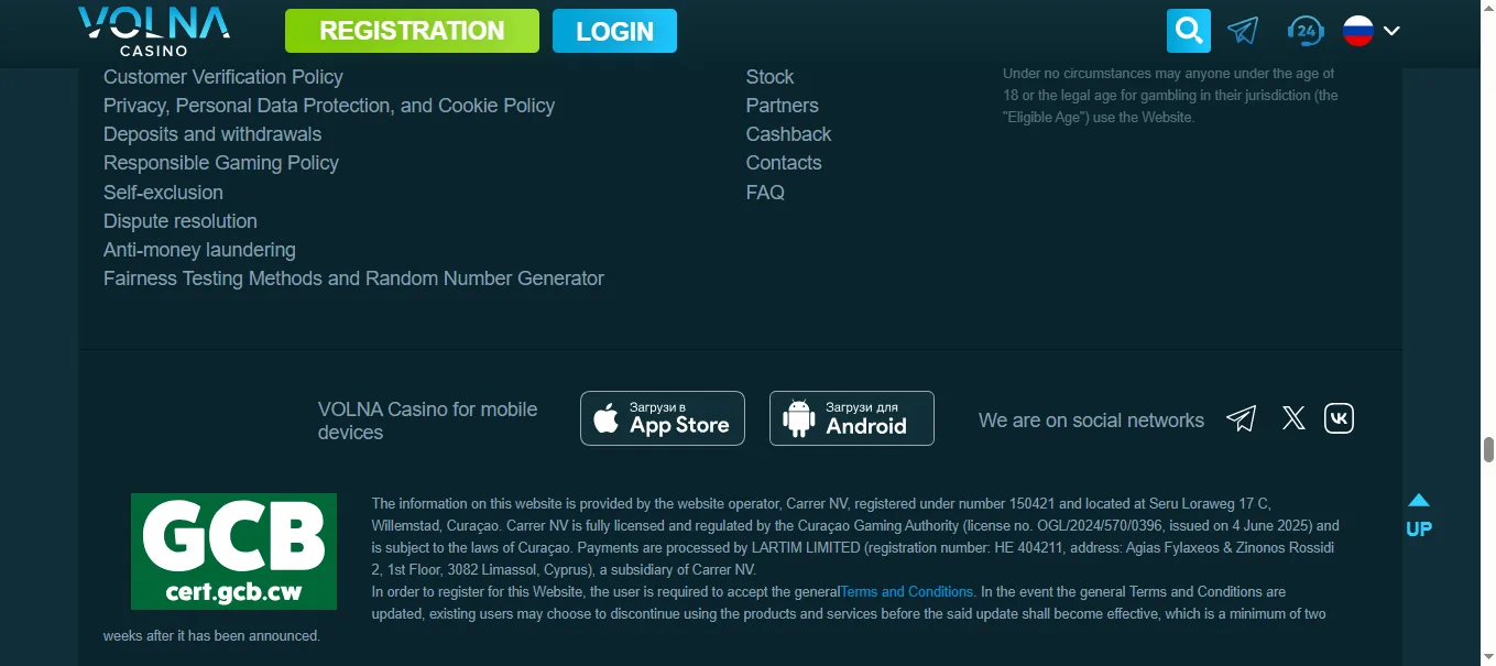 Screenshot of Volna Casino's footer licence and regulator details