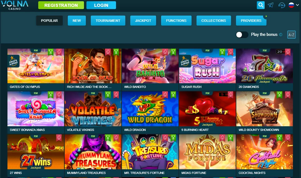 Screenshot of Volna Casino's games lobby