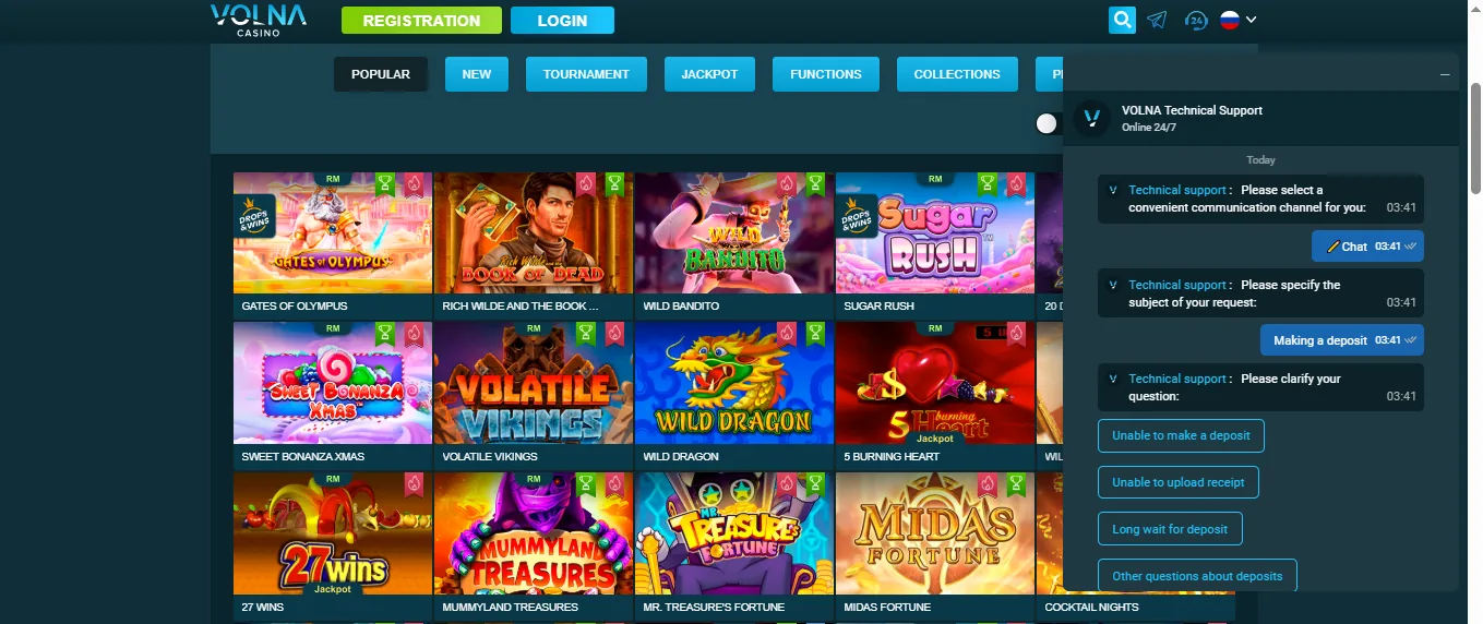Screenshot of Volna Casino's live chat support window