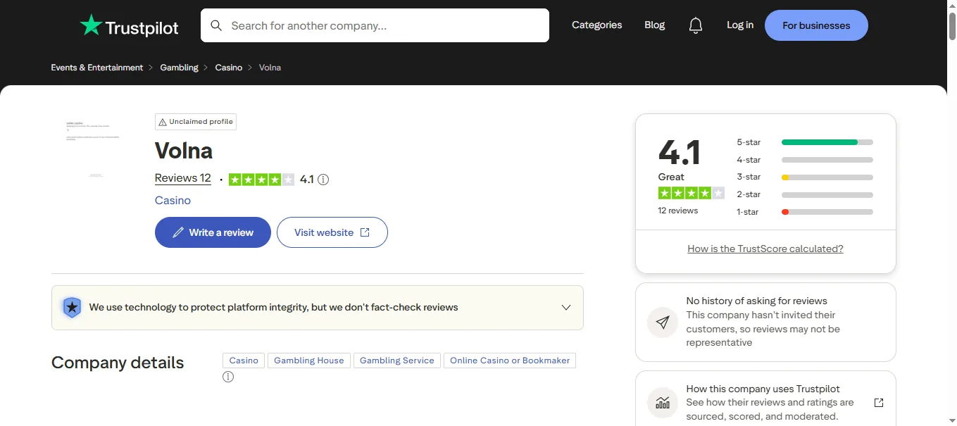 Screenshot of Volna Casino's Trustpilot rating overview