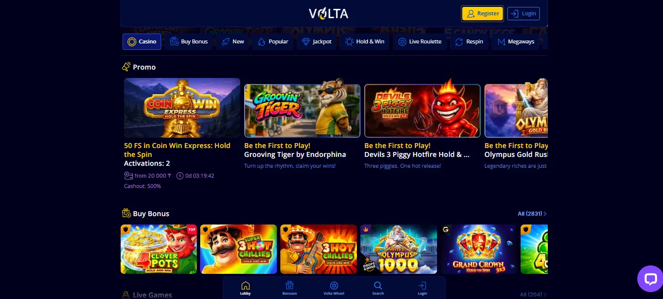 Screenshot of Volta Casino's welcome bonus offer