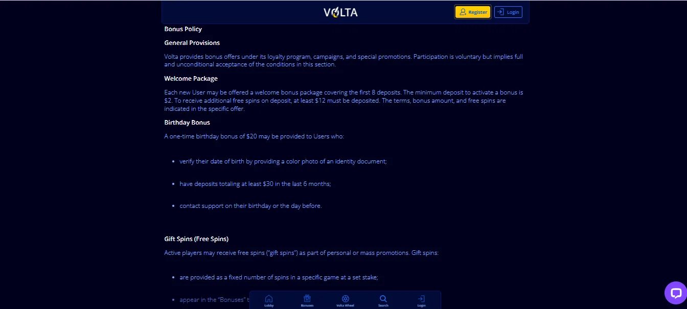 Screenshot of Volta Casino's bonus terms and wagering requirements