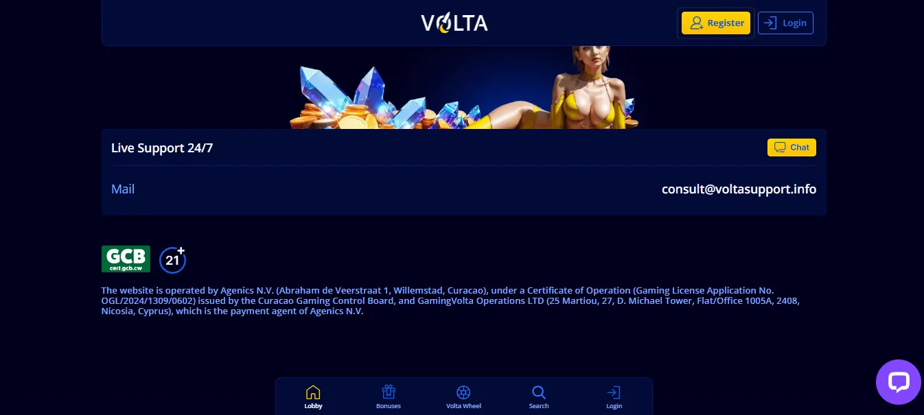 Screenshot of Volta Casino's footer licence and regulator details