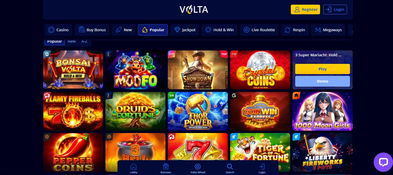 Screenshot of Volta Casino's games lobby