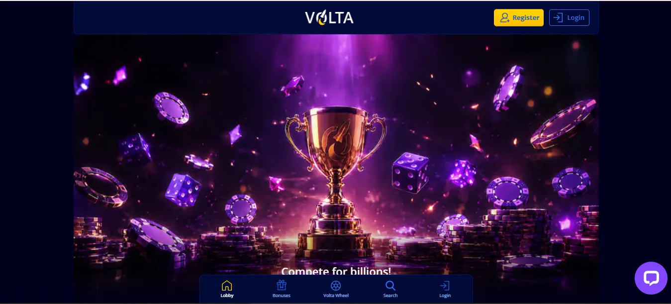 Screenshot of Volta Casino's homepage