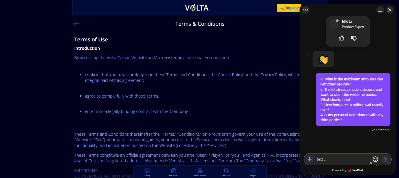 Screenshot of Volta Casino's live chat support window