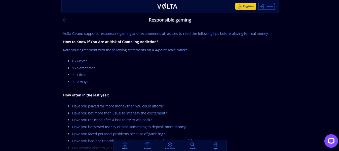 Screenshot of Volta Casino's responsible-gambling tools