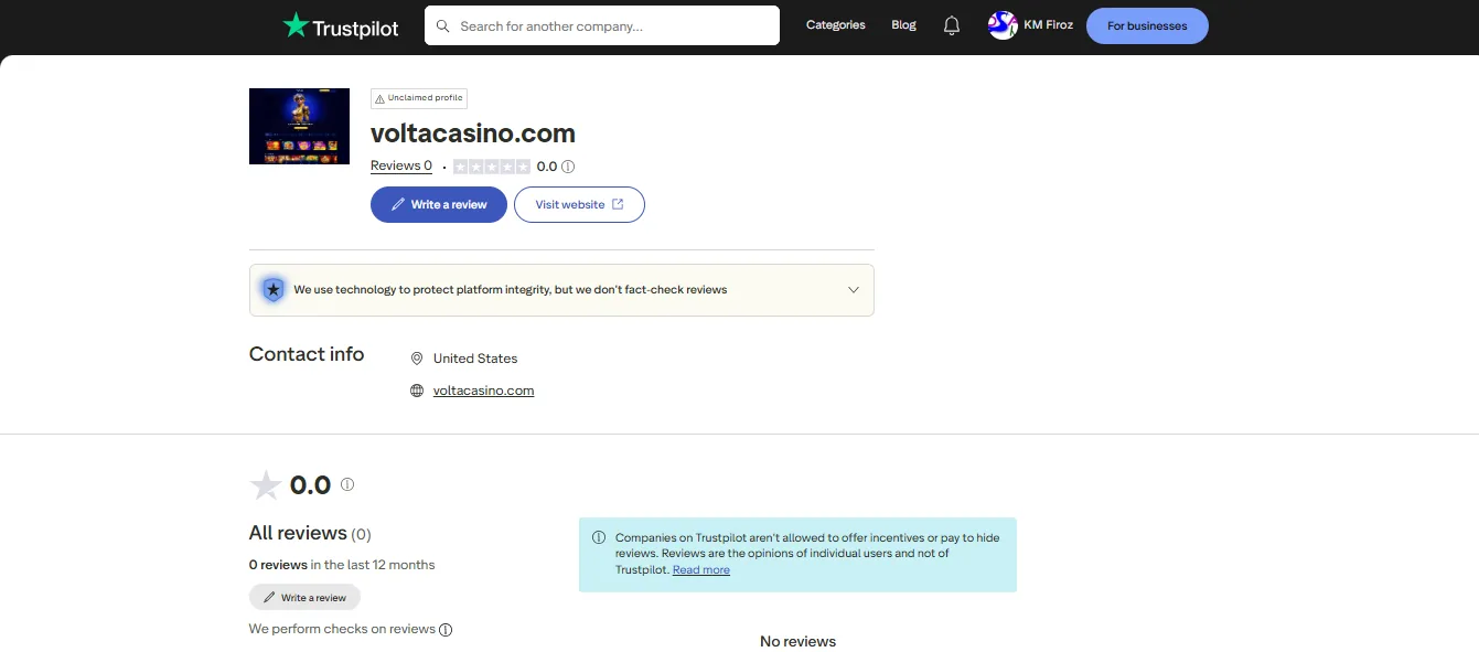 Screenshot of Volta Casino's Trustpilot rating overview